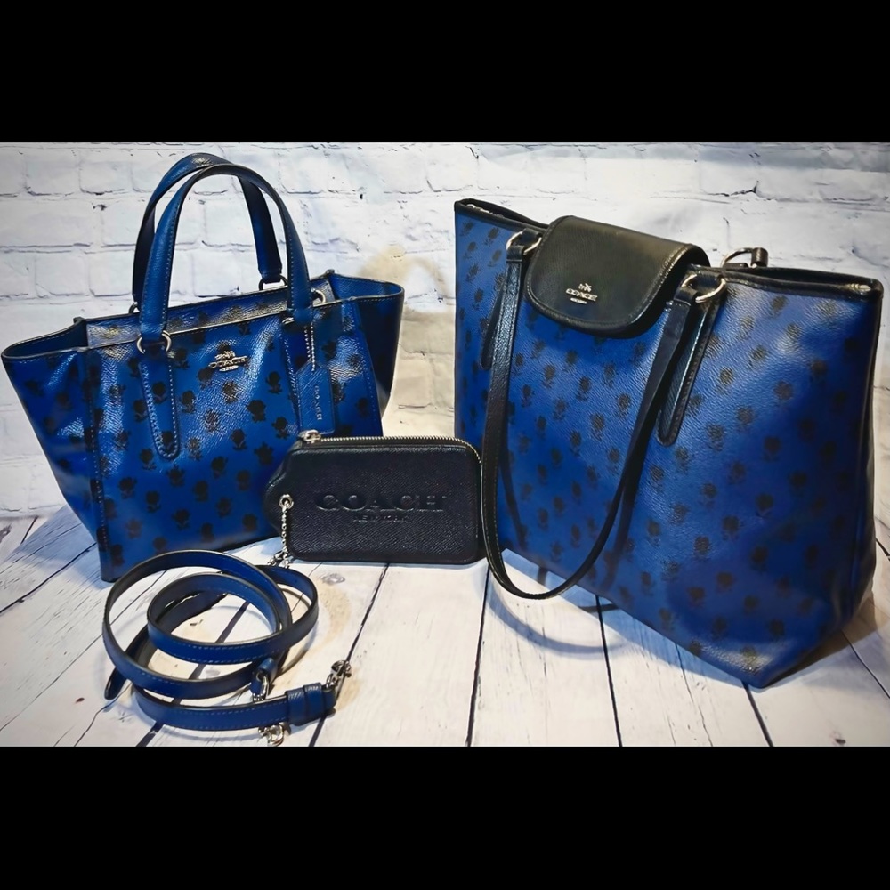 Coach 💐SET💐 Black/Blue Floral Mini Crosby Carryall, W/ Tote & UNIQUE Wristlet